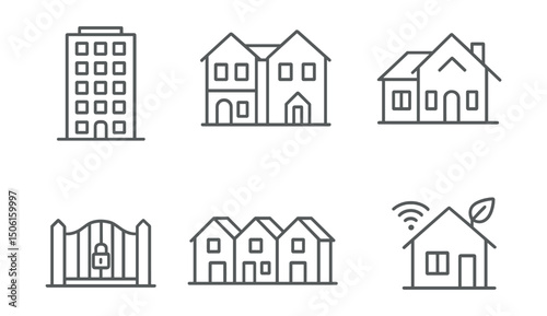 Line style icons of architecture and cities: city apartment block, duplex house, townhome icon, urban villa, gated community, suburban home row, smart home unit, eco house icon.