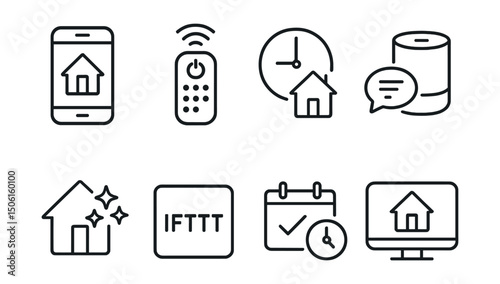 Line style icons of smart home technology: home automation app icon, remote control symbol, daily routine automation, voice assistant integration, scenes and presets icon, IFTTT badge, scheduled