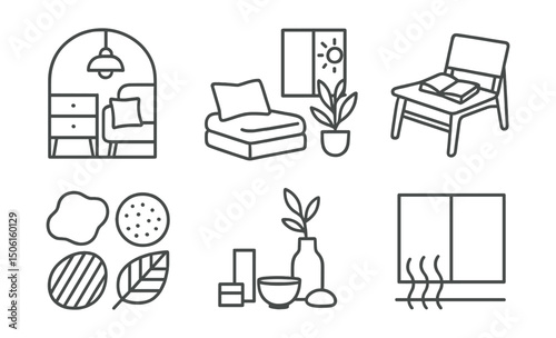 Line style icons of slow living practices: slow home interior icon, cozy corner with pillow, natural light and plant, low chair with book, earthy textures icon, minimal objects, warmth in space,