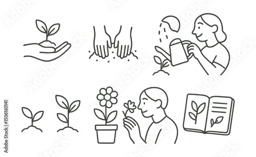 Line style icons of slow living practices: garden care icon, hands in soil, watering with joy, trimming with presence, grow at own pace, seasonal tending, bloom observation icon, garden notebook.
