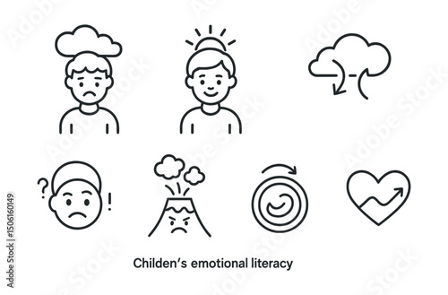 Line style icons of children’s emotional literacy: child with storm cloud, child with sunshine icon, mood changing cloud, mixed feelings face, emotion volcano icon, bouncing back badge, resilient