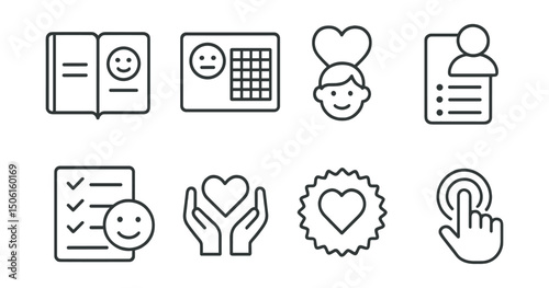 Line style icons of children’s emotional literacy: “my emotions today” journal, weekly mood map, safe person card, trusted list icon, how I feel checklist, care request symbol, name your needs badge,