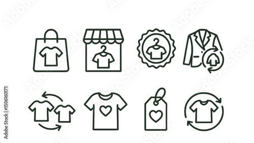 Line style icons of conscious consumption: second-hand icon, thrift store symbol, vintage find badge, reuse with style icon, swap party symbol, pre-loved item, clothing with story tag, circular