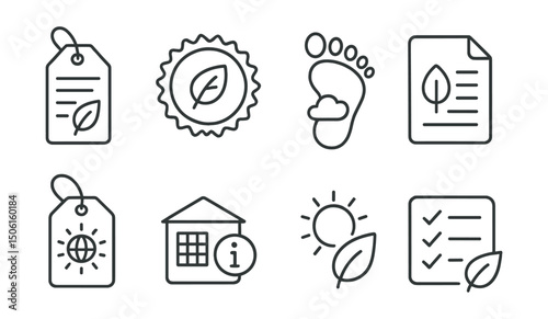 Line style icons of conscious consumption: eco rating tag, sustainable product badge, carbon footprint label, green product report, impact icon on label, company transparency icon, low impact symbol,