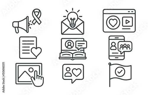 Line style icons of social entrepreneurship: awareness campaign icon, message with purpose, social ad symbol, cause-driven content, educational outreach badge, community story share, visual advocacy,