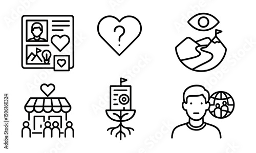 Line style icons of social entrepreneurship: founder story board, “why we started” symbol, mission journal icon, vision path badge, purpose origin point, community-born startup, startup with roots,