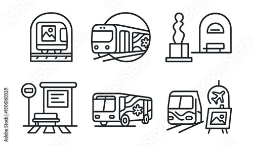 Line style icons of public art: art in transit icon, metro mural badge, station sculpture symbol, bus stop poetry board, painted crosswalk lines, train with art wrap, airport gallery space, art on