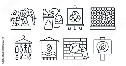 Line style icons of public art: recycled material sculpture, trash to art icon, upcycled canvas board, bottle cap mural, zero waste installation, reused textile artwork, sustainable street art, eco