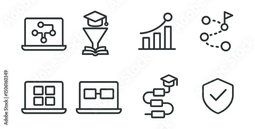 Line style icons of online education: learning strategy map, education funnel icon, skill growth plan, curriculum milestone path, learning matrix icon, strategic module view, knowledge roadmap,