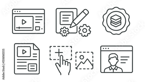 Line style icons of online education: course development screen, content builder icon, module creation badge, instructor interface symbol, lesson composer icon, drag-and-drop tool, build your course