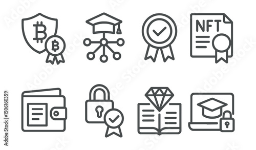 Line style icons of online education: crypto-based certification icon, blockchain degree symbol, tokenized learning badge, NFT for diploma, wallet + course access, secure credential icon, digital