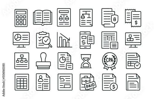 Line style icons of accounting tools: calculator, ledger book, balance sheet, income statement, tax report, receipts, financial dashboard, audit checklist, depreciation chart, expense tracker, trial