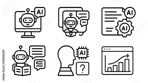 Line style icons of online education: AI course assistant icon, chatbot for learning, smart tutor badge, AI feedback generator, content summary bot, voice-to-quiz AI, auto-grade system, adaptive