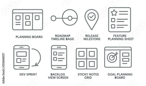 Line style icons of mobile app development: planning board icon, roadmap timeline badge, release milestone marker, feature planning sheet, dev sprint icon, backlog view screen, sticky notes grid,