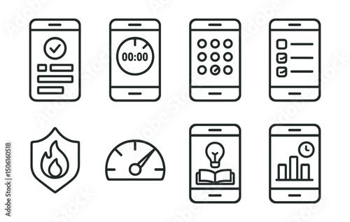 Line style icons of mobile app development: productivity tracker icon, focus timer screen, daily habit chart, to-do list in mobile, task streak badge, performance gauge icon, study efficiency tool,