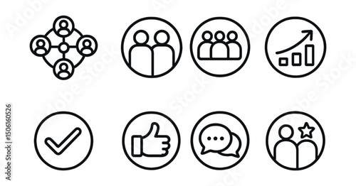 Line style icons of healthy lifestyle: support network icon, health buddy badge, community wellness ring, share your progress icon, accountability check circle, positive feedback symbol, wellness