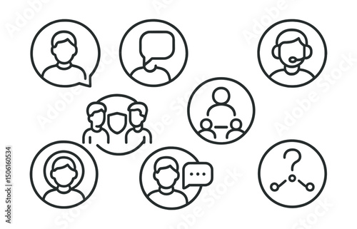 Line style icons of educational apps: mentor chat icon, tutor speech bubble, coach with headset ring, 1-on-1 help badge, instructor connection symbol, expert support circle, teacher response icon,