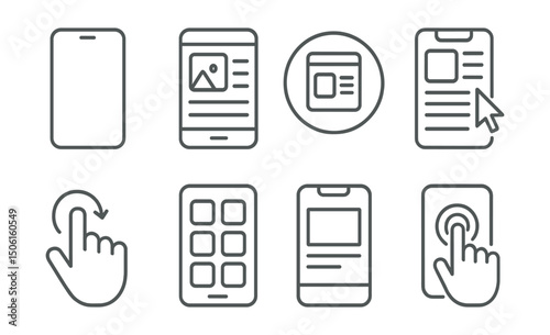 Line style icons of mobile app development: mobile phone screen, app layout view, responsive preview badge, mobile interface builder, gesture control symbol, app icon grid, notch-aware UI icon, tap