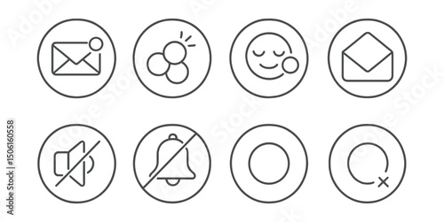 Line style icons of digital minimalism: minimal notifications icon, batch alerts, quiet bubble badge, inbox zero face, mute by default, custom sound off, icon without badge, clear dot interface.