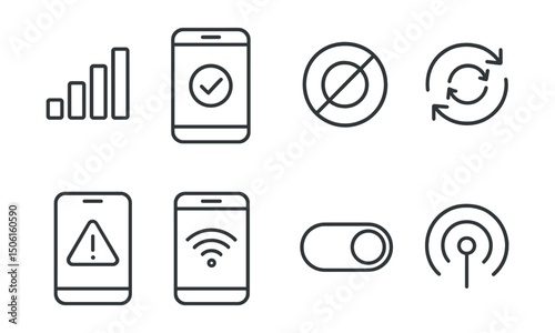 Line style icons of mobile app development: mobile network strength icon, connectivity check screen, offline mode badge, data sync in progress, network failure alert, Wi-Fi connect screen, cellular