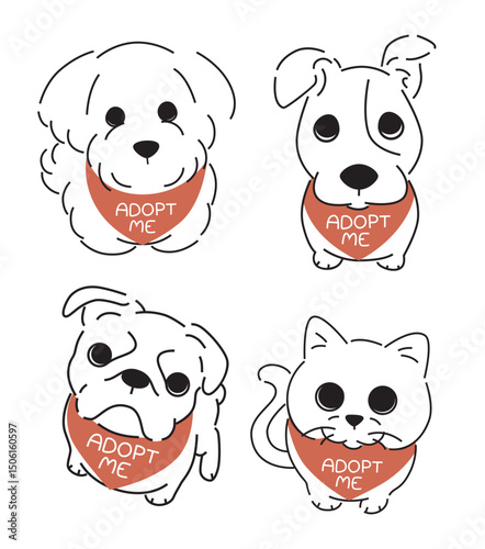 Pet adoption campaign art illustration. Rescue organization cartoon cats and dogs vector. 