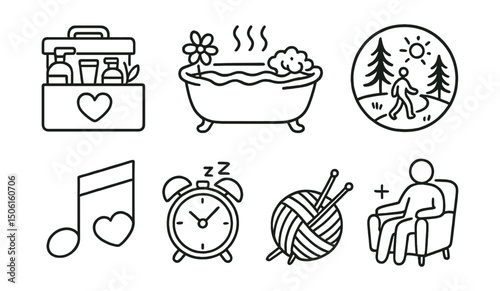 Line style icons of mental health and wellbeing: self-care toolkit icon, warm bath icon, nourishing food plate, walk in nature badge, music therapy note, time for rest icon, favorite hobby sketch,