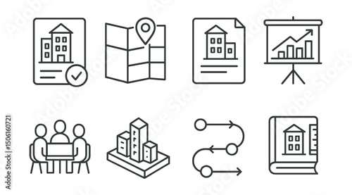 Line style icons of architecture and cities: building permit icon, zoning map, planning application file, urban development chart, review meeting table, city model board, planning process path,