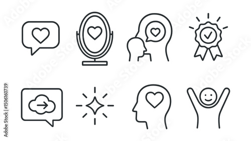 Line style icons of mental health and wellbeing: positive affirmation icon, mirror with message, kind self-talk symbol, “you can do it” badge, reframe thought panel, self-belief spark, self-worth