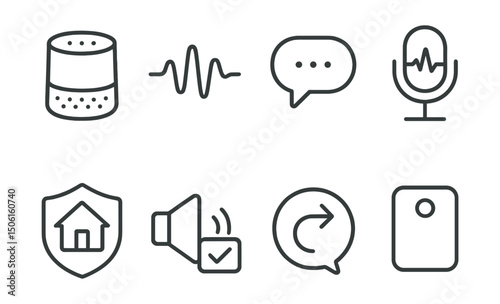 Line style icons of smart devices and IoT: smart speaker icon, voice assistant wave, command with speech bubble, microphone with AI pulse, home assistant badge, speaker + task icon, smart reply