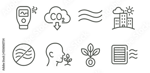 Line style icons of nature and ecology: air quality sensor, CO2 reduction icon, fresh air wave, city with clean sky, no smog symbol, breathing in nature icon, oxygen plant icon, eco air filter.
