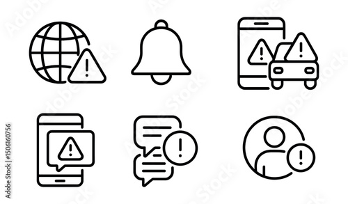 Line style icons of smart devices and IoT: IoT alert system icon, smart notification bell, status change alert, device error screen, emergency auto action, push alert with icon, alert grouping symbol