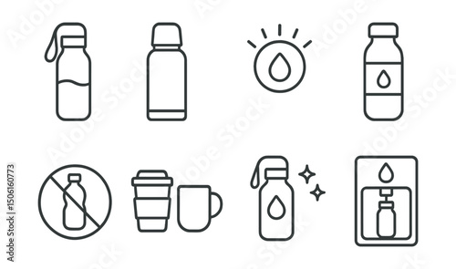 Line style icons of eco-friendly lifestyle: reusable water bottle icon, stainless steel thermos, hydration reminder badge, filter bottle symbol, no plastic bottle icon, eco drinkware set, clean water