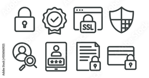 Line style icons of e-commerce: security padlock icon, buyer protection badge, SSL verified checkout, data encryption shield, fraud detection icon, secure login screen, privacy policy page, safe