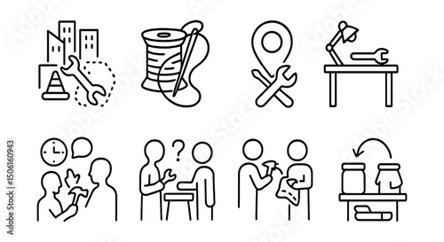 Line style icons of caring cities: urban repair zone, sew and mend icon, DIY fix point, fix-it-yourself table, skill-sharing hour icon, “help me fix this” station, neighbor-to-neighbor skill trade,