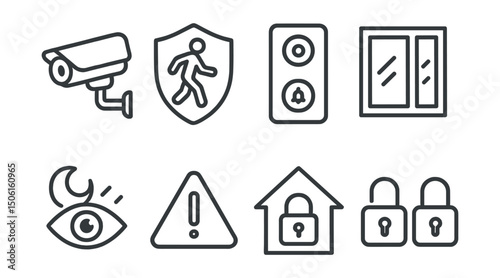 Line style icons of smart home technology: security camera icon, motion sensor badge, smart doorbell with camera, open-close window sensor, night vision symbol, alert notification icon, home security