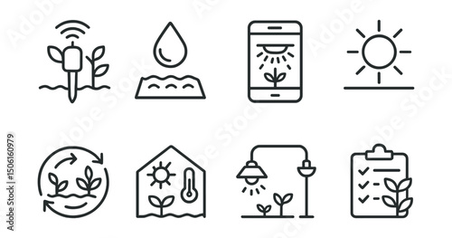 Line style icons of smart home technology: connected garden sensor, moisture alert icon, sprinkler system control, sunlight level icon, growth cycle display, greenhouse climate icon, outdoor