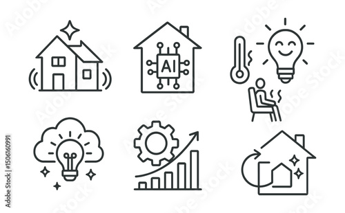 Line style icons of smart home technology: future smart home sketch, AI-integrated system, emotional response lighting, adaptive comfort zone, ambient intelligence icon, predictive automation,