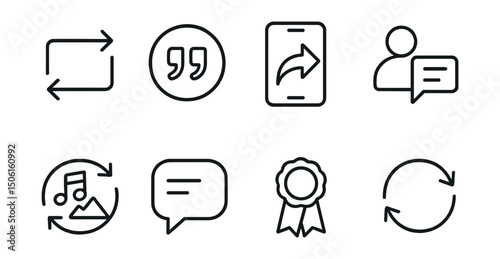 Line style icons of social media and communication: reposting feature icon, quote post badge, share to timeline screen, credit tag icon, remixed media symbol, post-with-comment bubble, attribution