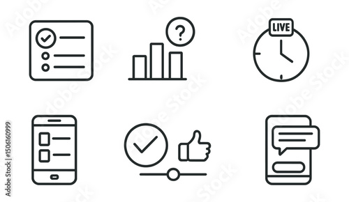 Line style icons of social media and communication: poll feature icon, voting bar chart, question + options badge, live poll timer, poll results screen, choose your answer symbol, interactive
