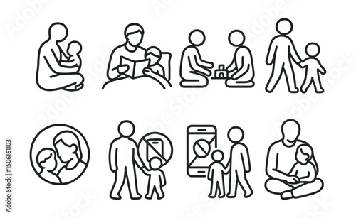 Line style icons of slow living practices: mindful parenting icon, bedtime story read, shared quiet toy time, walk with child, listening to child badge, phone away with kids, rhythm in family,
