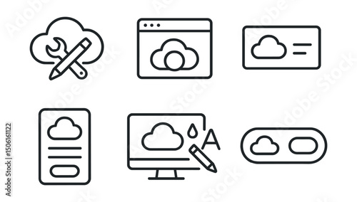 Line style icons of cloud computing: cloud branding tools icon, logo in portal badge, platform name card, branded login screen, visual identity setup, color and font selector, white-label platform