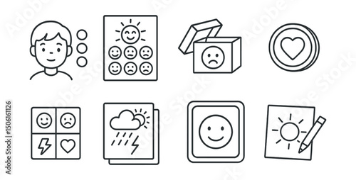 Line style icons of children’s emotional literacy: daily check-in icon, morning mood chart, goodbye worry box, kindness token symbol, feelings color card, inside weather report, “how are you today”