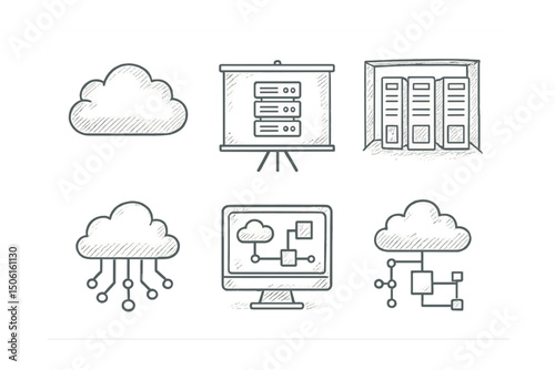 Line style icons of cloud computing: cloud sketch panel, whiteboard with server icons, early data center drawing, brainstorm with nodes, hand-drawn pipeline screen, schematic flow idea, creative