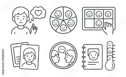 Line style icons of children’s emotional literacy: child naming emotion icon, thought bubble with heart, emotion wheel for kids, matching emotion game, feelings flashcard icon, talk about feelings
