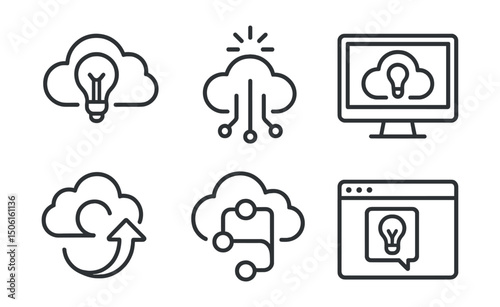 Line style icons of cloud computing: lightbulb idea cloud icon, spark above network badge, invention in system screen, suggested improvement icon, conceptual workflow cloud, idea draft symbol,