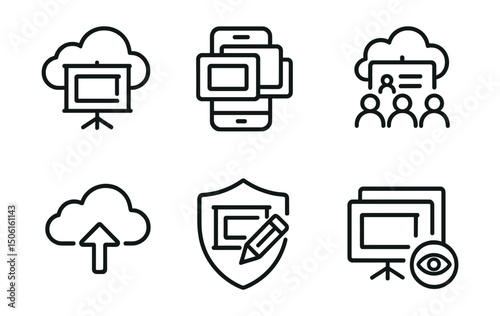 Line style icons of cloud computing: cloud-based presentation screen, slide carousel in app, team deck icon, pitch upload in cloud, presentation editor badge, versioned deck tracker, viewer count on