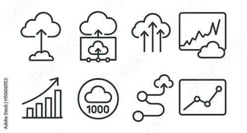 Line style icons of cloud computing: cloud growth icon, infrastructure expansion plan, service scale-up symbol, network traffic spike, user base increase chart, usage milestone badge, scaling
