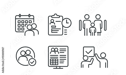 Line style icons of family and relationships: shared calendar icon, coordinated schedule symbol, task distribution chart, parenting plan layout, event sync badge, family management dashboard,