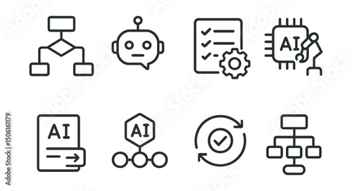 Line style icons of artificial intelligence: automation flow icon, auto-response engine, rule-based task runner, robotic process trigger, automated action card, workflow pipeline badge, smart repeat