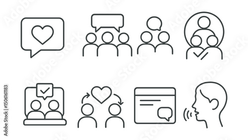Line style icons of family and relationships: communication bubble with heart, family talk icon, couple therapy badge, conflict resolution symbol, honest discussion screen, emotional connection flow,
